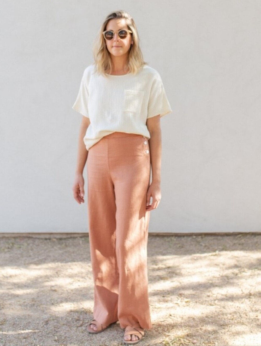 Sugar Candy Mountain peach/rust Calla 100% linen side-button wide pants